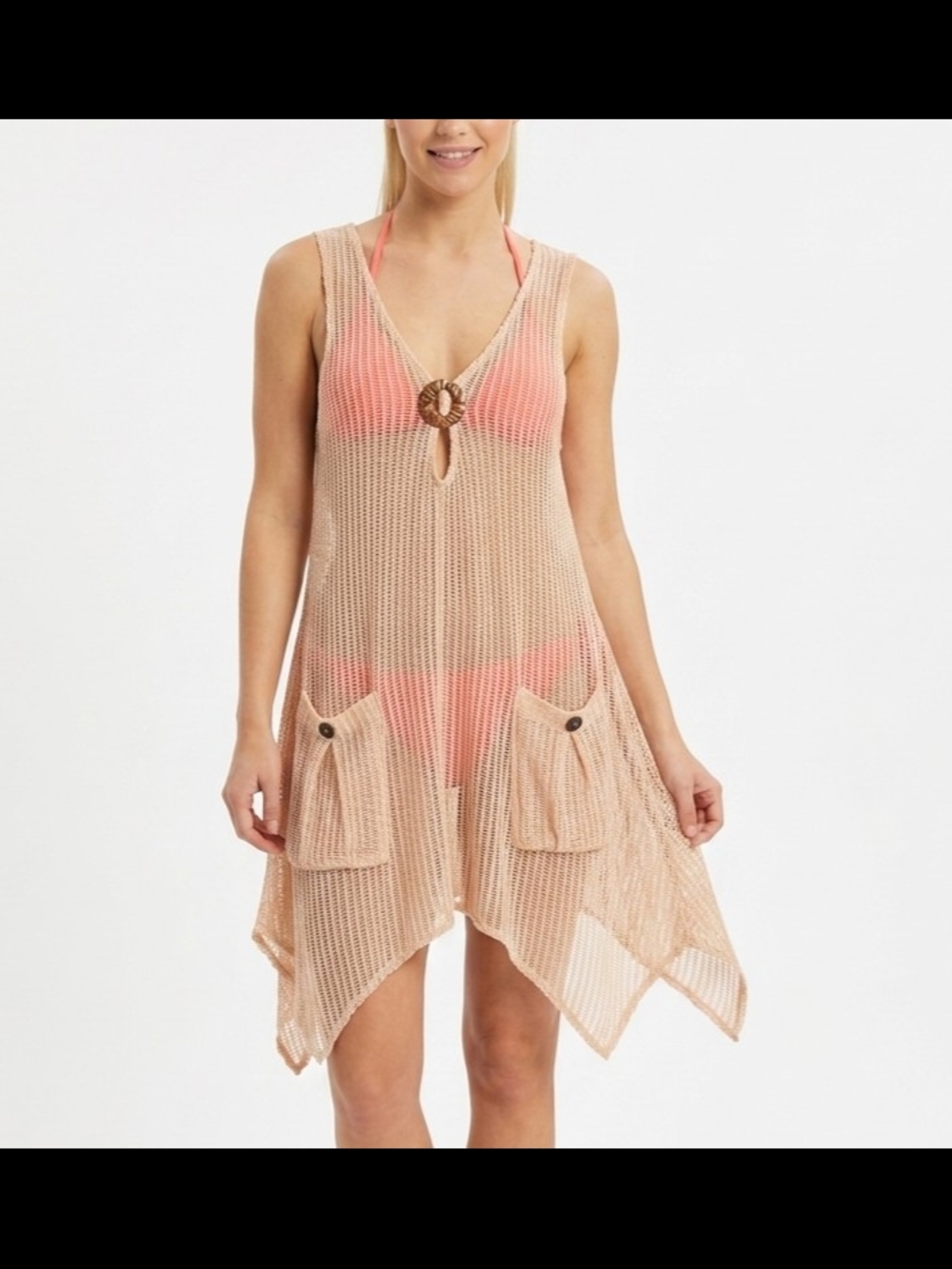 Beach Lightweight Crochet Cover-Up Dress Pink Pockets Size XS/S Summer Vacation